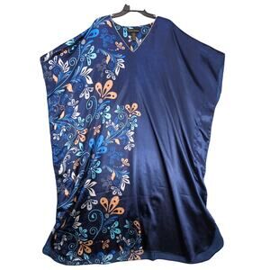 Up2date Fashion Navy Satin Kaftan Maxi Dress One Size Whimsical Floral V-Neck